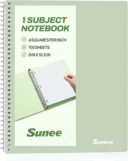 SUNEE Spiral Notebook, 1-Subject, Graph Ruled Paper, 8" x 10-1/2", 100 Sheets per Notebook, 3-Hole Punched Paper, Water Resistant Cover, Spiral Grid Notebooks for Work, Home, School, Writing, Green SUNEE Spiral Notebook, 1-Subject, Graph Ruled Paper,…
