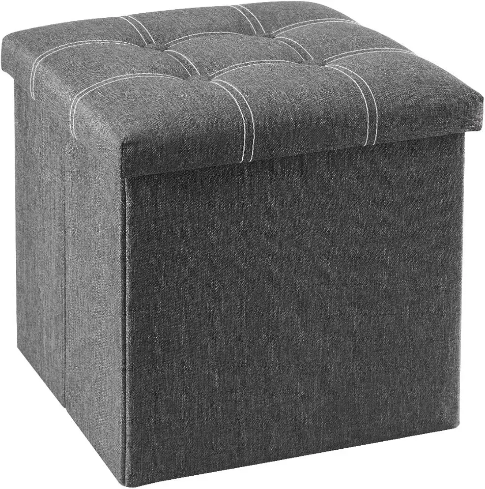 15 inches Storage Ottoman Cube, Foldable Storage Boxes, Padded Seat for Dorm Living Room, Support 300lbs, Line Fabric Grey