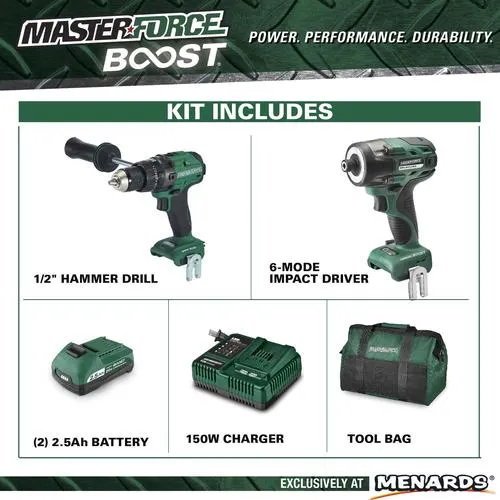 Masterforce BOOST® 20-Volt Brushless Cordless 1/2" Hammer Drill and 1/4" Impact Driver Combo Kit