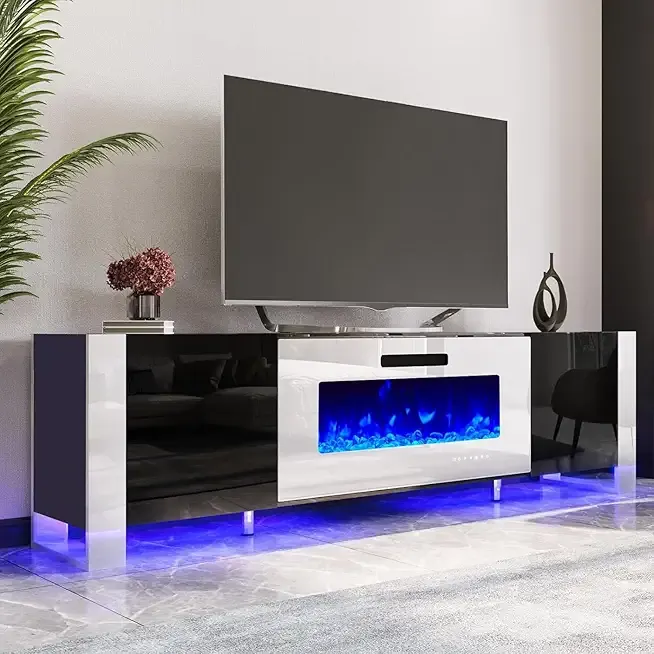 AMERLIFE Fireplace TV Stand with 36" Fireplace, 70" Modern Entertainment Center with High Gloss Doors & LED Lights, U-Shaped Legs TV Console Cabinet for TVs Up to 80", Black TV Stand White Fireplace