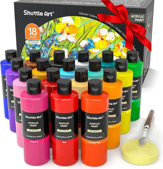 Shuttle Art 18 Colors Acrylic Paint Bottle Set (250ml/8.45oz), Rich Pigmented Bulk Painting Supplies for Artists, Beginners and Kids on Rocks Crafts Canvas Wood Ceramic