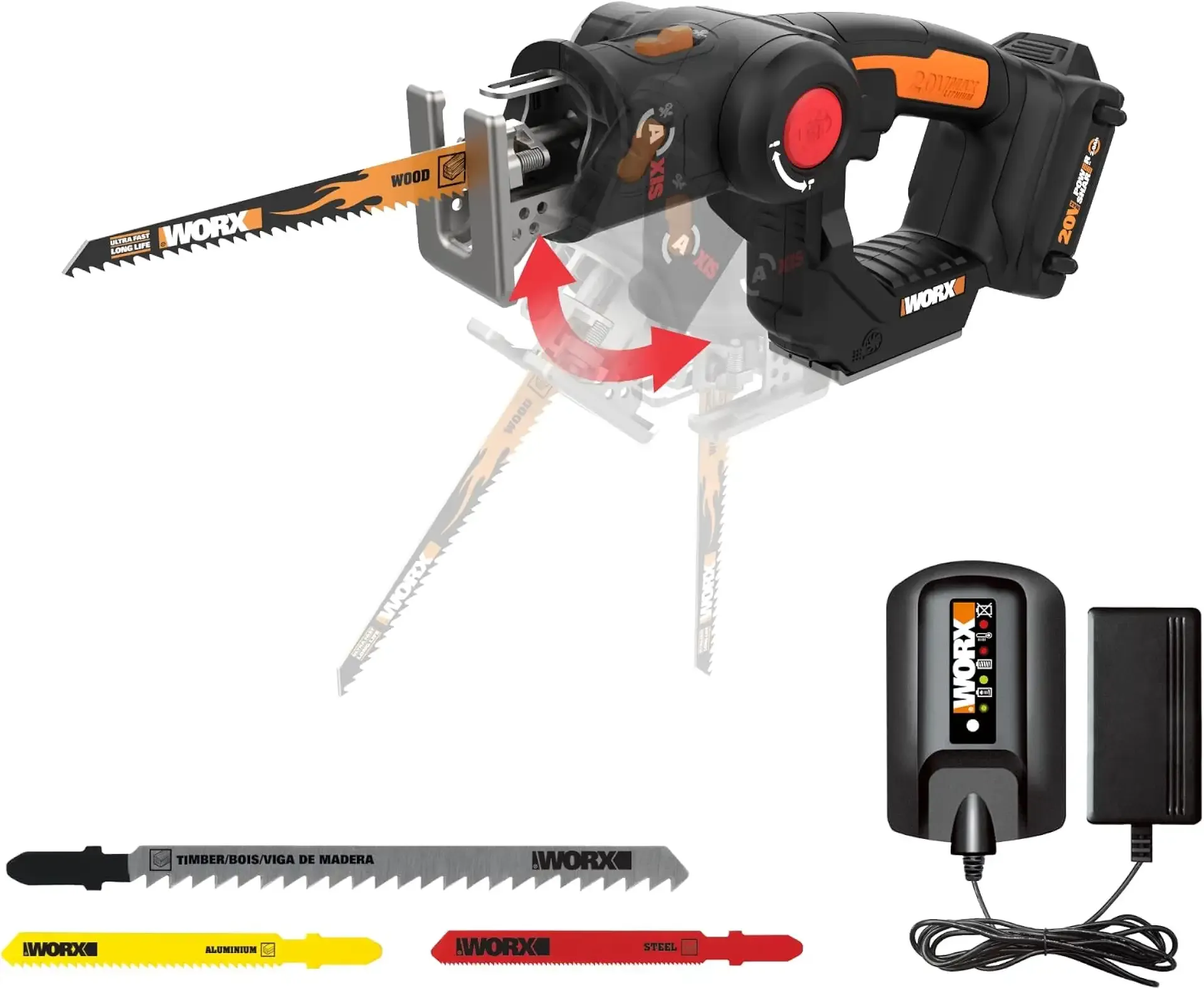 WORX Cordless Reciprocating Saw&Jigsaw, 20V ¾" 2-in-1 Saw, ¾" Stroke Length, 2-in-1 functions, 4 Blades for Different Materials, Compact&Lightweight Design, Battery and Charger Included, PowerShare