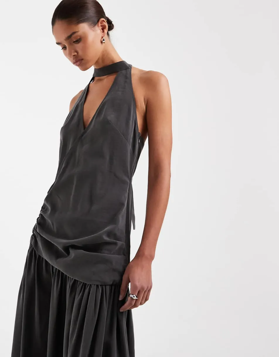 ASOS DESIGN halter neck scarf detail drop waist maxi dress in charcoal