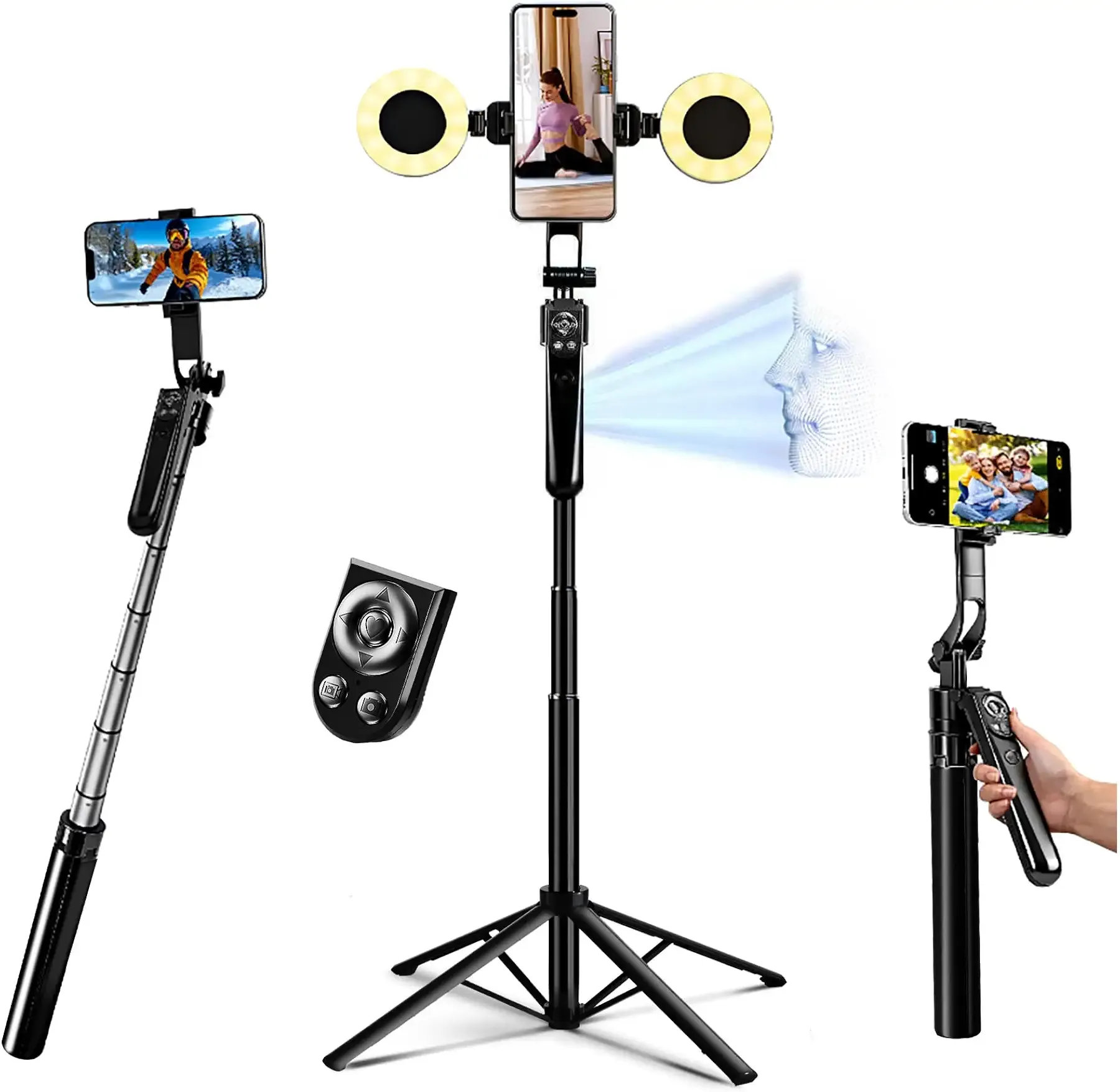 Auto Face Tracking Selfie Stick Tripod for iPhone with Light 360 Rotation that Follows Your Movement 70.9" Camera Tripod Stand with Remote for Content Creator Vlog Live Stream Video Recording