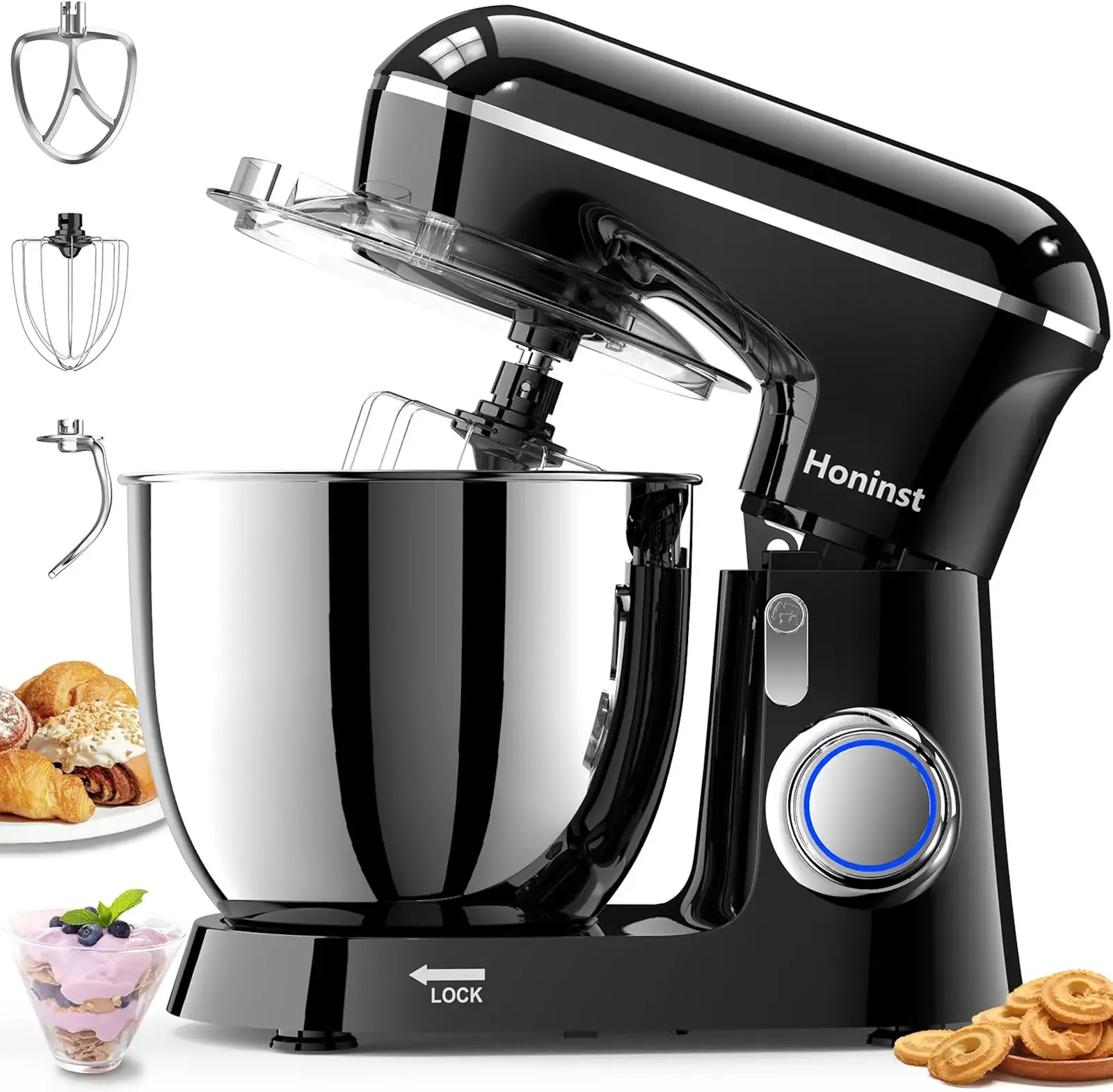 Honinst Stand Mixer, 6.5QT 10-Speed Tilt-Head 3-IN-1 Electric Food Mixer | Kitchen Mixer with Bowl, Dough Hook, Whisk and Beater, Household Mixer for Baking, Cake and Most Home Cooks, Dishwasher Safe