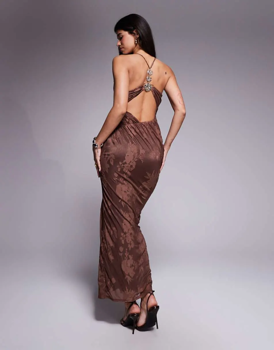 ASOS DESIGN cowl burnout halter with gold back detail in chocolate