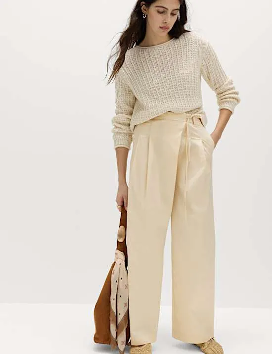 Cotton Rich Wrap Tie Wide Leg Trousers