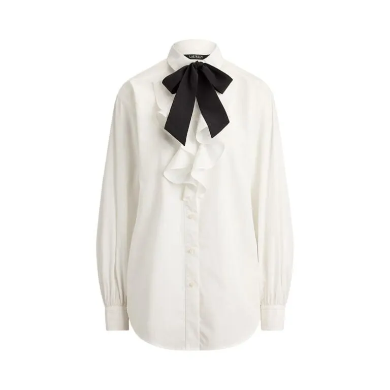 Ruffle-Trim Broadcloth Tie-Neck Shirt - Hvit