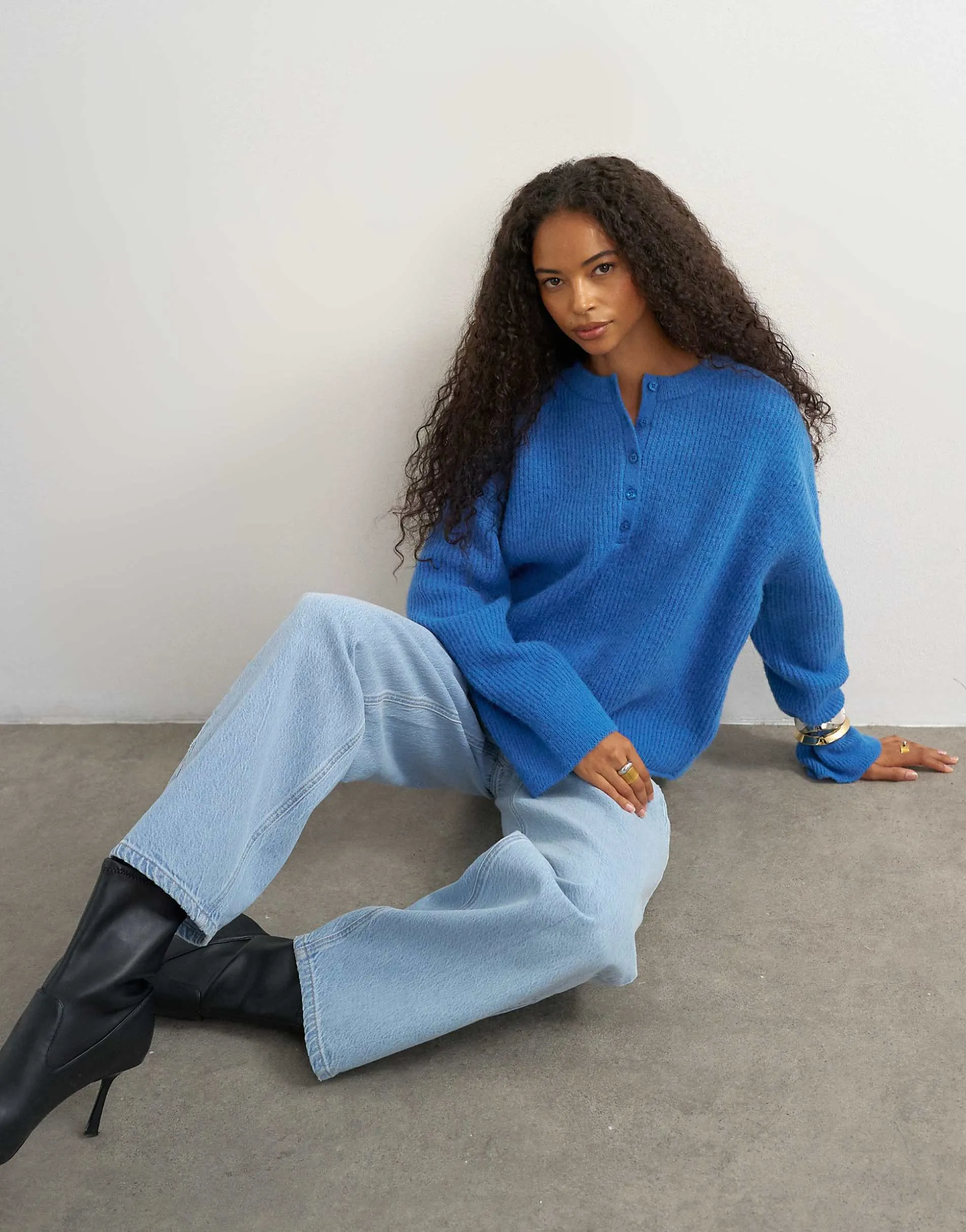 Topshop knitted easy Henley jumper in cobalt blue
