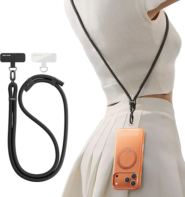 TORRAS Phone Lanyard Crossbody with 2 Phone Tabs, Adjustable Anti Theft Phone Strap for All Phones, Premium Metal Buckles, Skin-Friendly, Universal Cell Phone Neck lanyard for Travel Essentials, Black