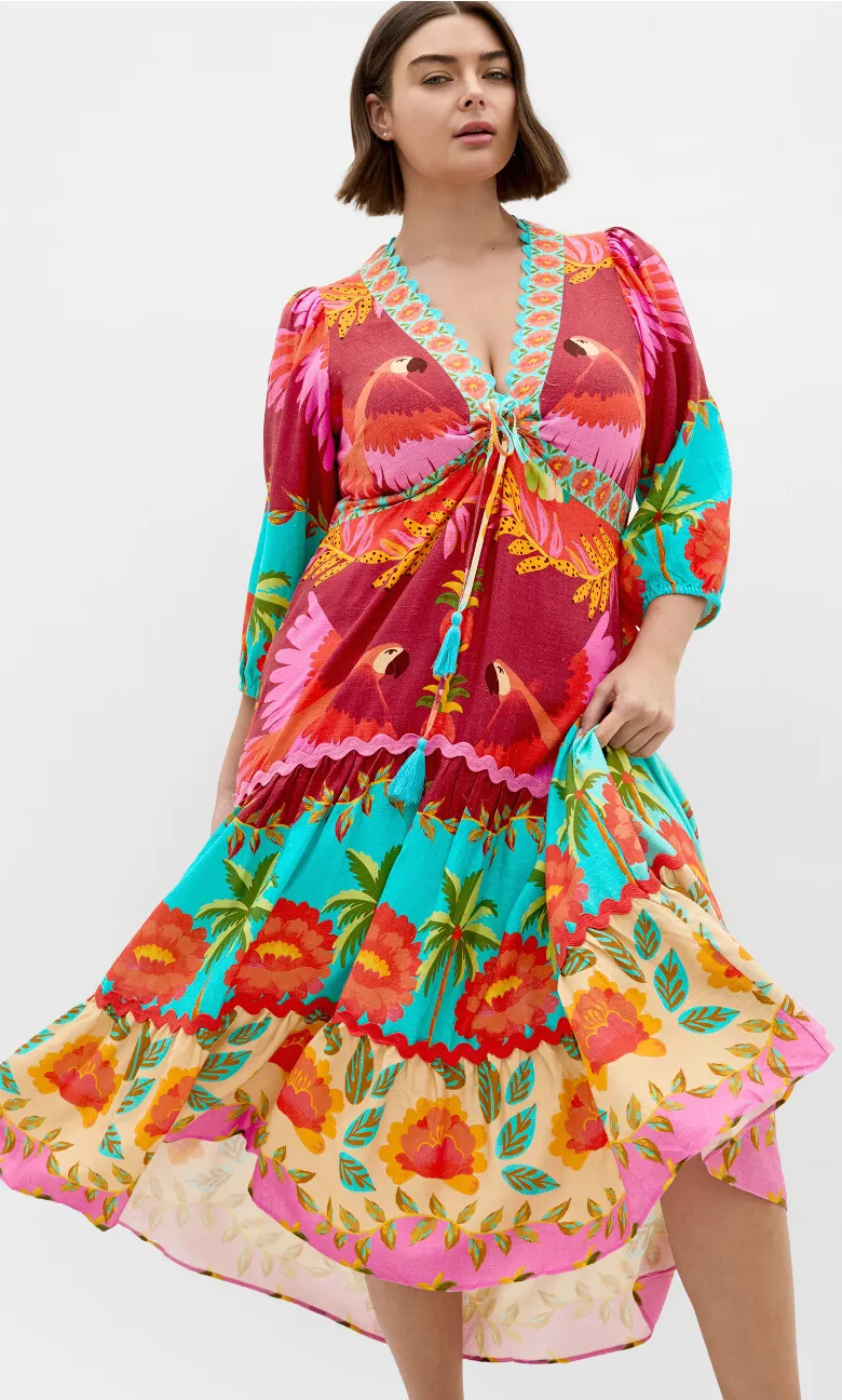 Copacabana Print Tiered Maxi Dress - aqua multi