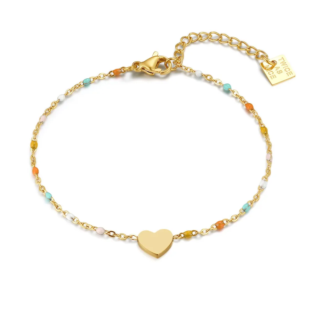Armband in edelstaal, hartje met kleurige stenen