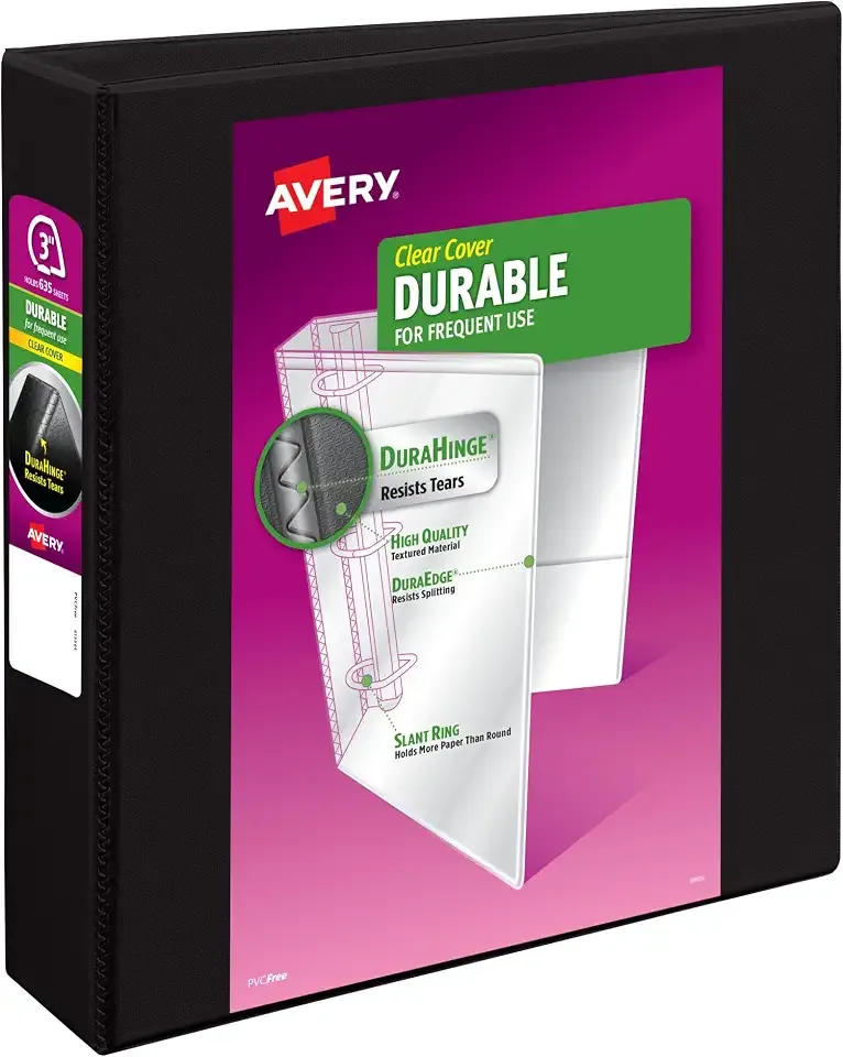 Avery® Durable View 3 Ring Binder, 3" Slant Rings, 1 Black Binder | For Daily School, Home and Office Use, DuraHinge Tear-Resistant Spine, DuraEdge Split-Resistant Sides, Lay-Flat Pages