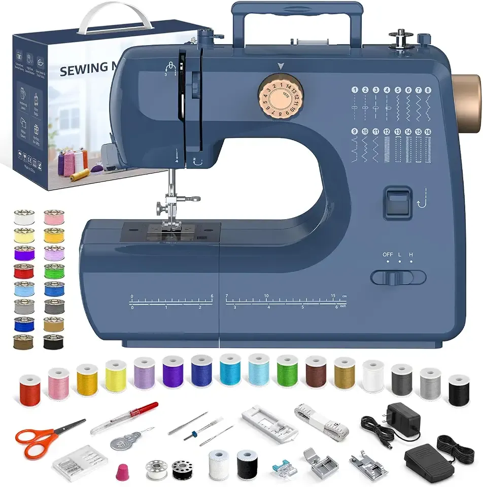 12V 24W Motor Portable Sewing Machine for Home Mending & Denim | 16 Built-in Stitches, Metal Frame, Free Arm, Foot Pedal, Accessories Kit, Idea for Home Mending & Denim