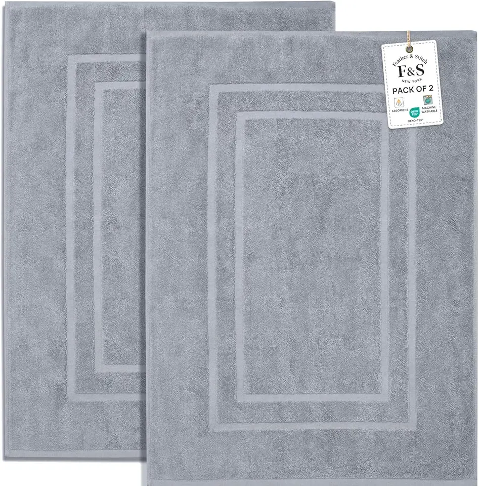 Feather & Stitch 2 Piece Towel Like Bath Mats (30x21 Inch) 100% Cotton Terry Bath Mats, Bathroom Shower Floor Mats [NOT A Bathroom Rug], Soft Absorbent Washable Mats (Grey)