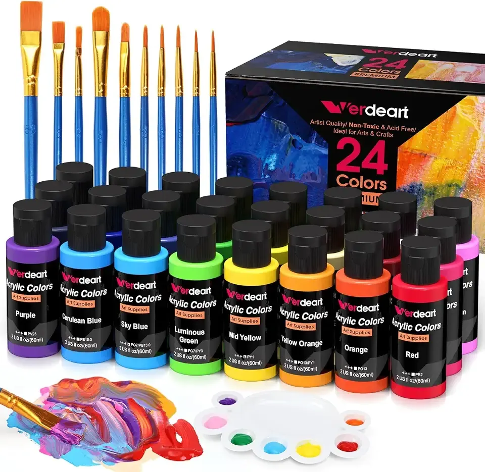 Acrylic Paint Set - 24 Colors 2 oz/59 ml Acrylic Paints for Professional Artists with 10 Brushes , Art Supplies for Painting Canvas Rock Wood Ceramic Glass Art Craft Painting, Rich Pigments Lasting Quality for Beginners