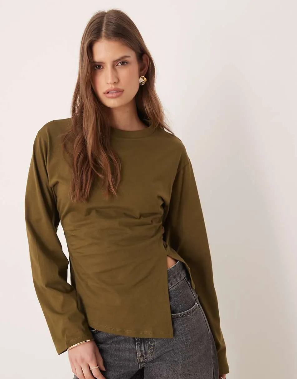 ASOS DESIGN waisted side spilt hem long sleeve tee in olive