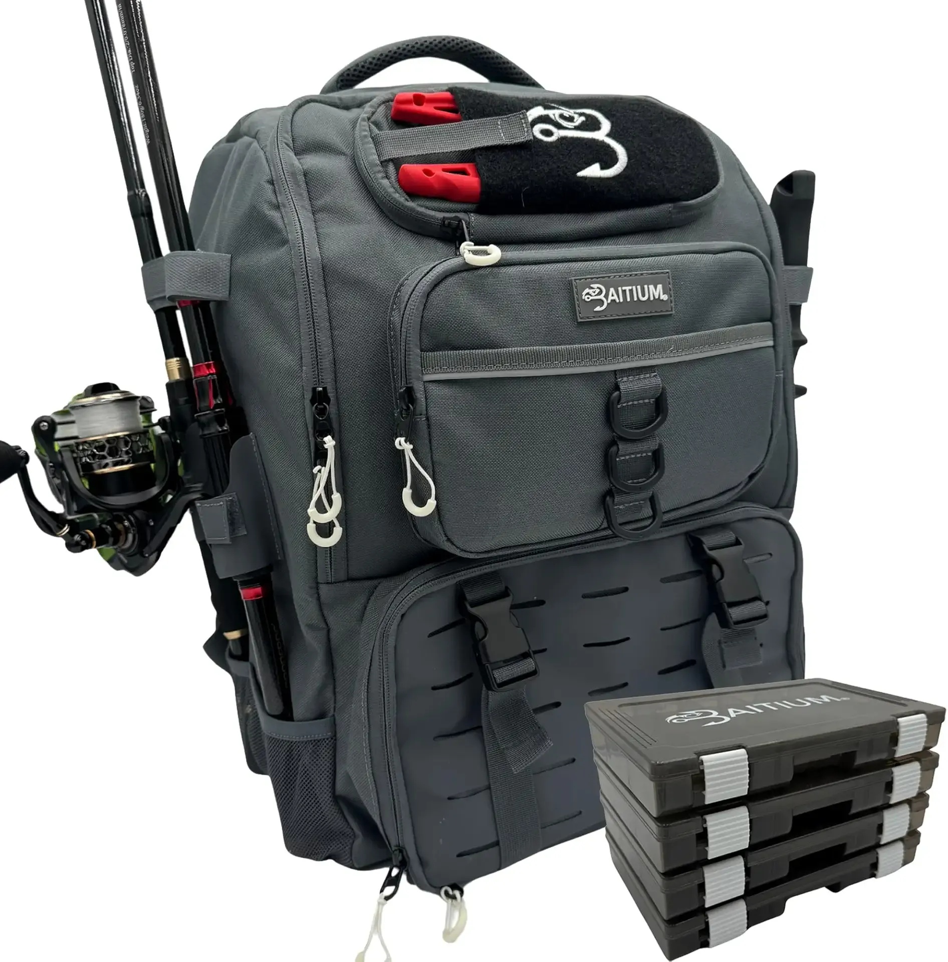 Baitium Fishing Backpack, Tackle Bag With Rod Holders, 40L Capacity With Cooler, Rain Cover, Insulated Pocket, 4 Tackle Trays Included - (Grey)
