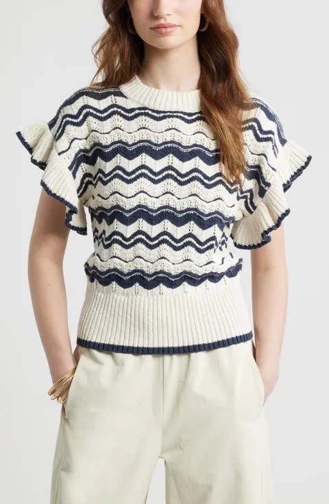 Flutter Sleeve Cotton Pointelle & Rib Sweater
