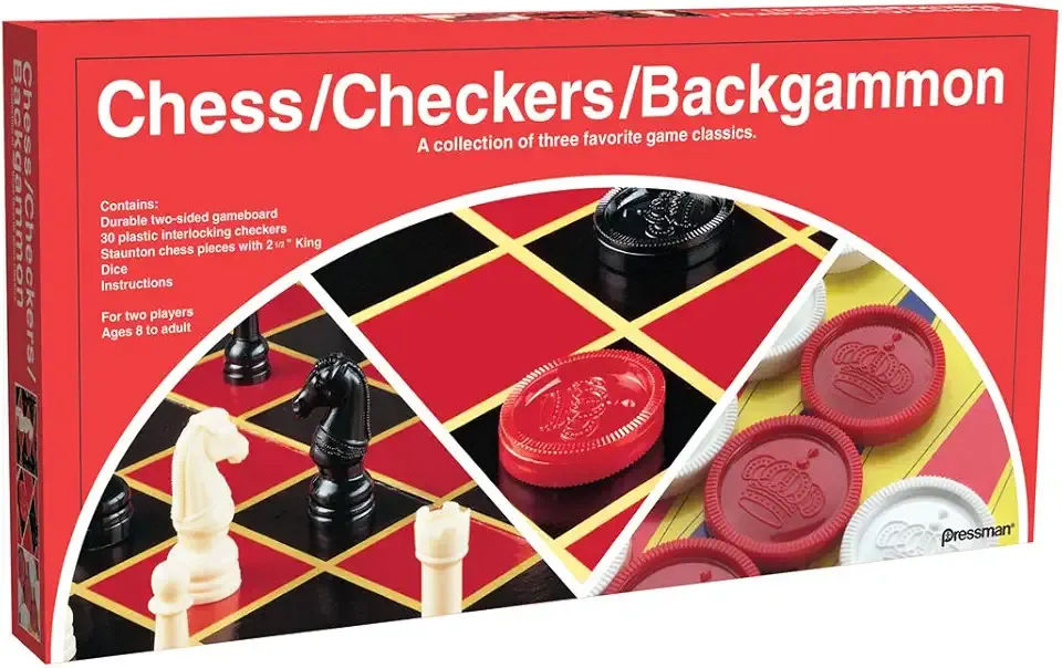 Pressman Chess / Checkers / Backgammon - 3 Games in One with Full Size Staunton Chess Pieces and Interlocking Checkers, 15.62 x 8.00 x 1.50 Inches
