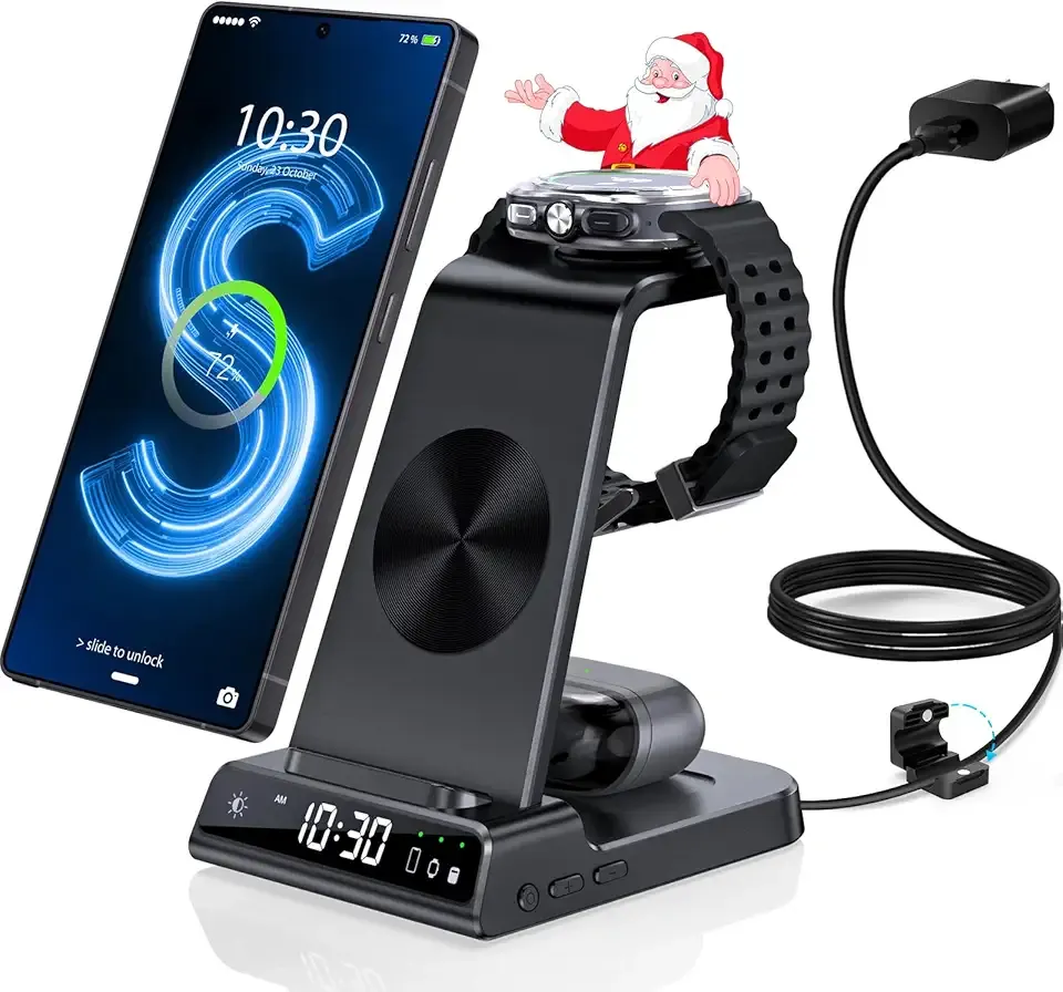 Wireless Charger for Samsung Charging Station with Clock for Samsung Galaxy S25 Ultra/S24 Ultra/Z Flip 7/Z Fold6/Bud, 3 in 1 Android Charging Station, Watch Charger for Samsung Galaxy Watch 8/7/6/5Pro