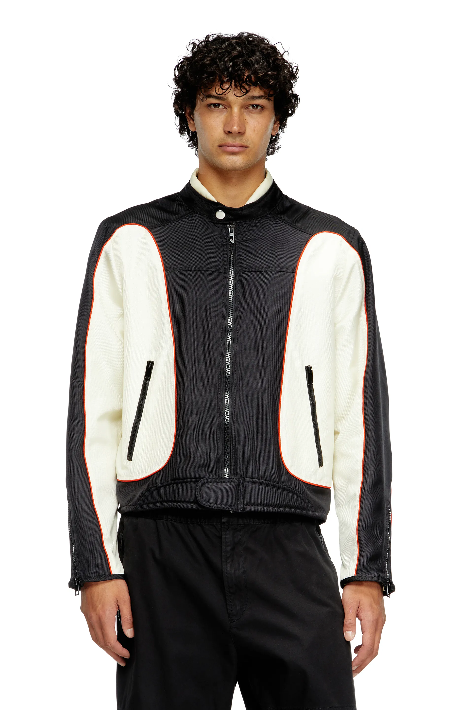 Colour-block biker jacket with piping