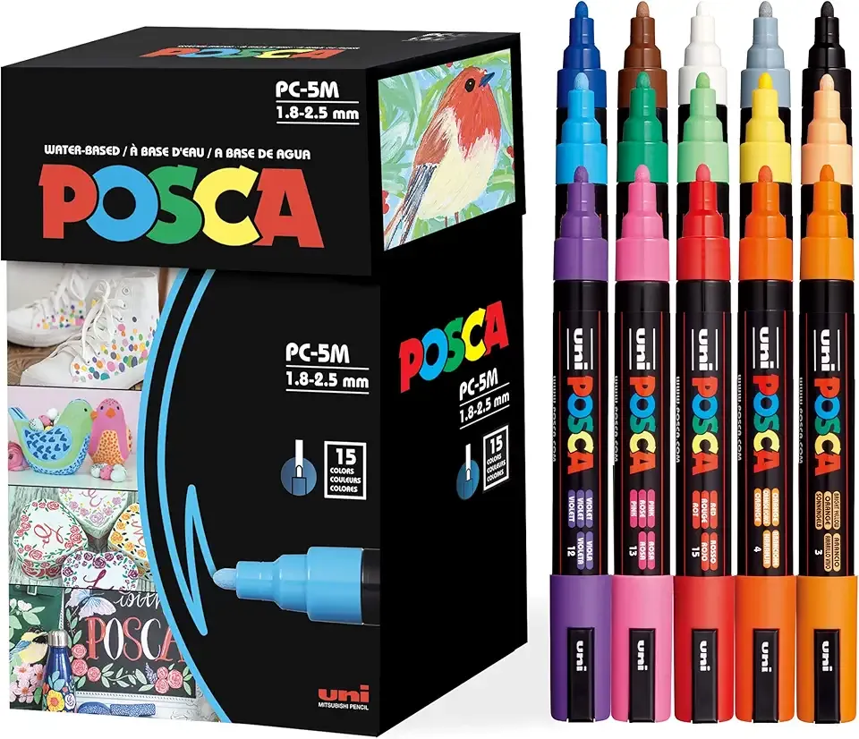 Posca Paint Art Markers, Set of 15 5M Medium Acrylic Markers with Reversible Tips, Artist Recommended Paint Pens for Gifts, Decorations, Fabric, Metal, Windows, Wood and Canvas