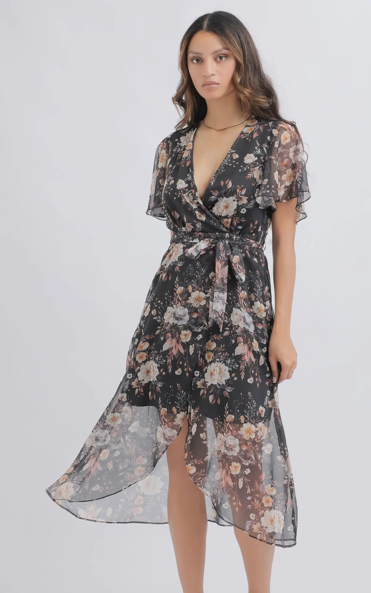 Chiffon Flutter Wrap Midi Dress