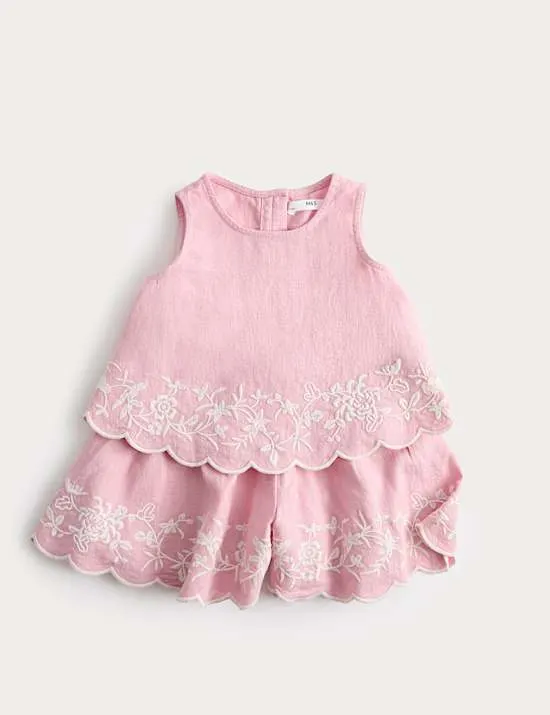 Linen Blend Embroidered Outfit (2-10 Yrs)