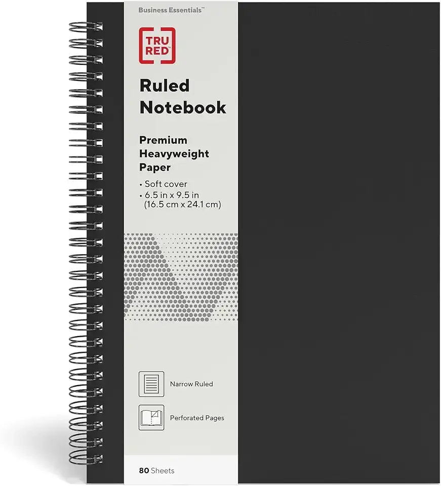 TRU RED Medium Soft Cover Lined Notebook, Wirebound, Perforated, 80 Sheets, Interior Pocket