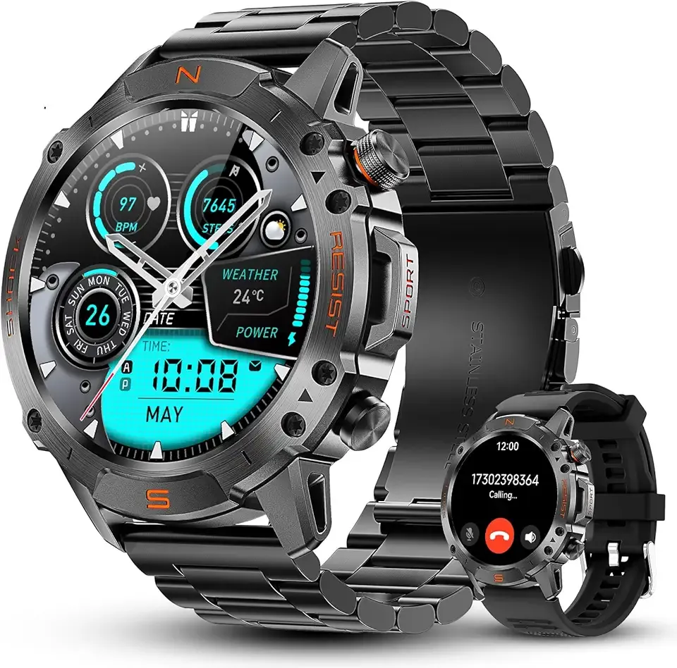 Rugged Smart Watch for Men, 5ATM Waterproof, 170+ Sports Modes,1.43" AMOLED | Round Health Fitness Tracker Watch, Tactical Military Smartwatch Compatible with iPhone Android