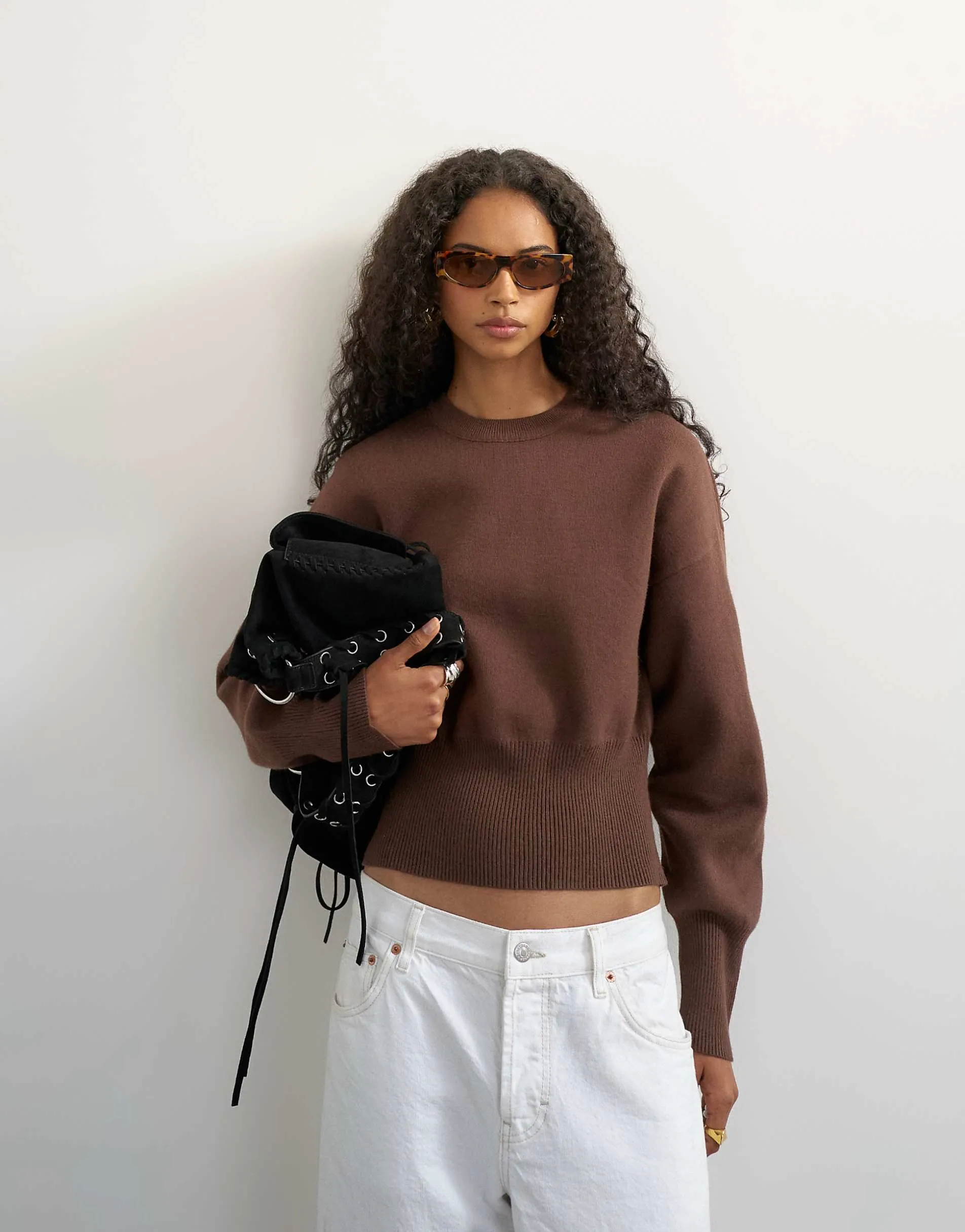 Topshop knitted clean cinch waist batwing sleeve jumper in chocolate