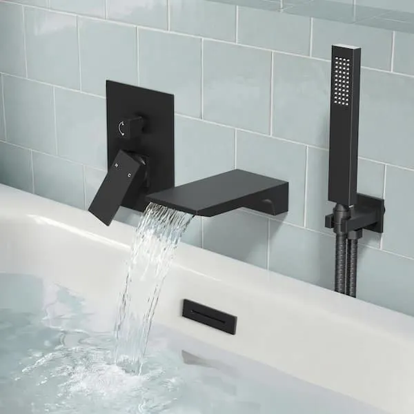 YAWWALK 2-​Handle Wall Mount Waterfall Roman Tub Faucet 5 GPM with Hand Shower Bathtub Faucet in Matte Black(Valve Included)​