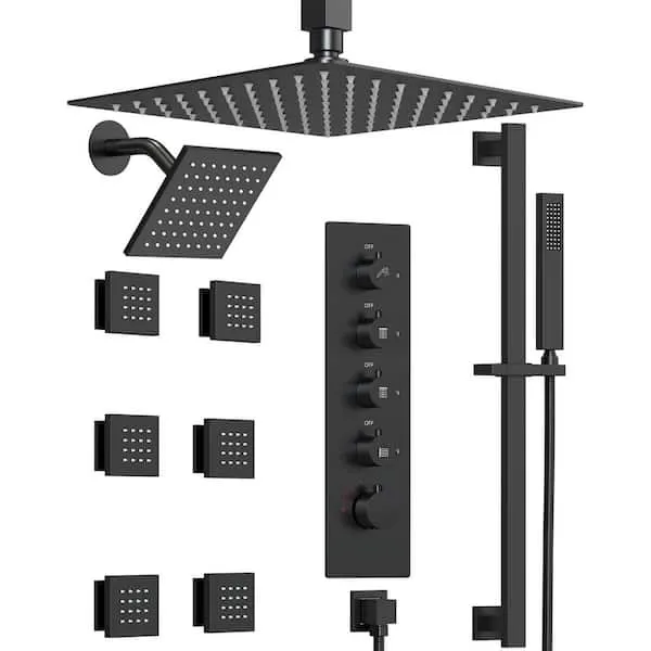 GRANDJOY His and Her Dual 15-Spray Ceiling Mount 16 and 6 in. Shower Faucet Handheld Shower Head 2.5 GPM in Matte Black
