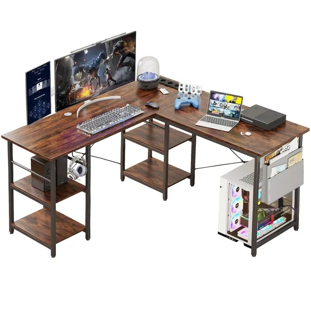 Escritorio Tbfit en forma de L con estantes, esquinero reversible, para espacios reducidos, escritorio grande para juegos con toma de corriente