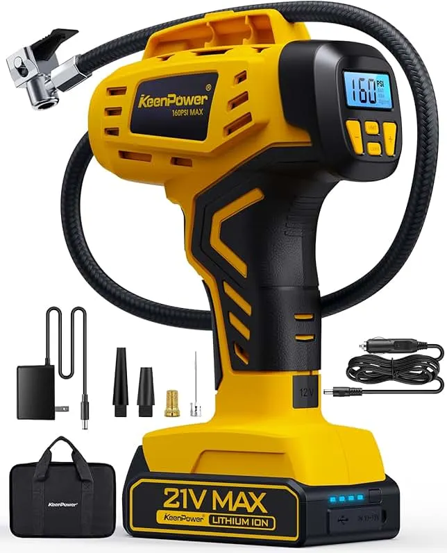 KeenPower Tire Inflator Portable Air Compressor - 2X Faster - 21V Rechargeable Battery Powered Handheld 160PSI Tire Inflator, Dual Power Supply Modes, Air Pump for Car Motorcycle E-Bike