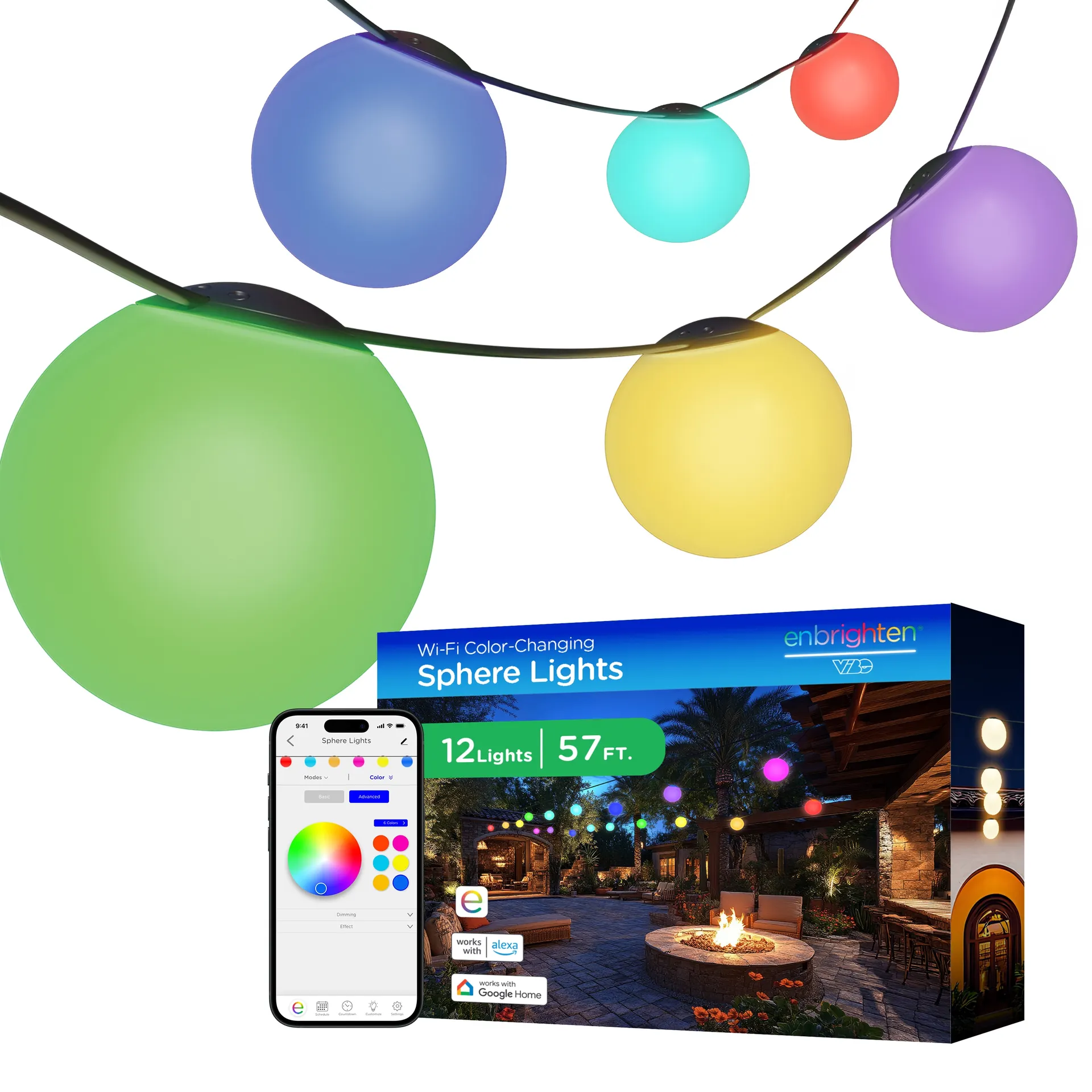 57-ft Plug in Black Outdoor String Light with 12 Color changing -Light LED Globe Bulbs Wi-Fi Compatibility