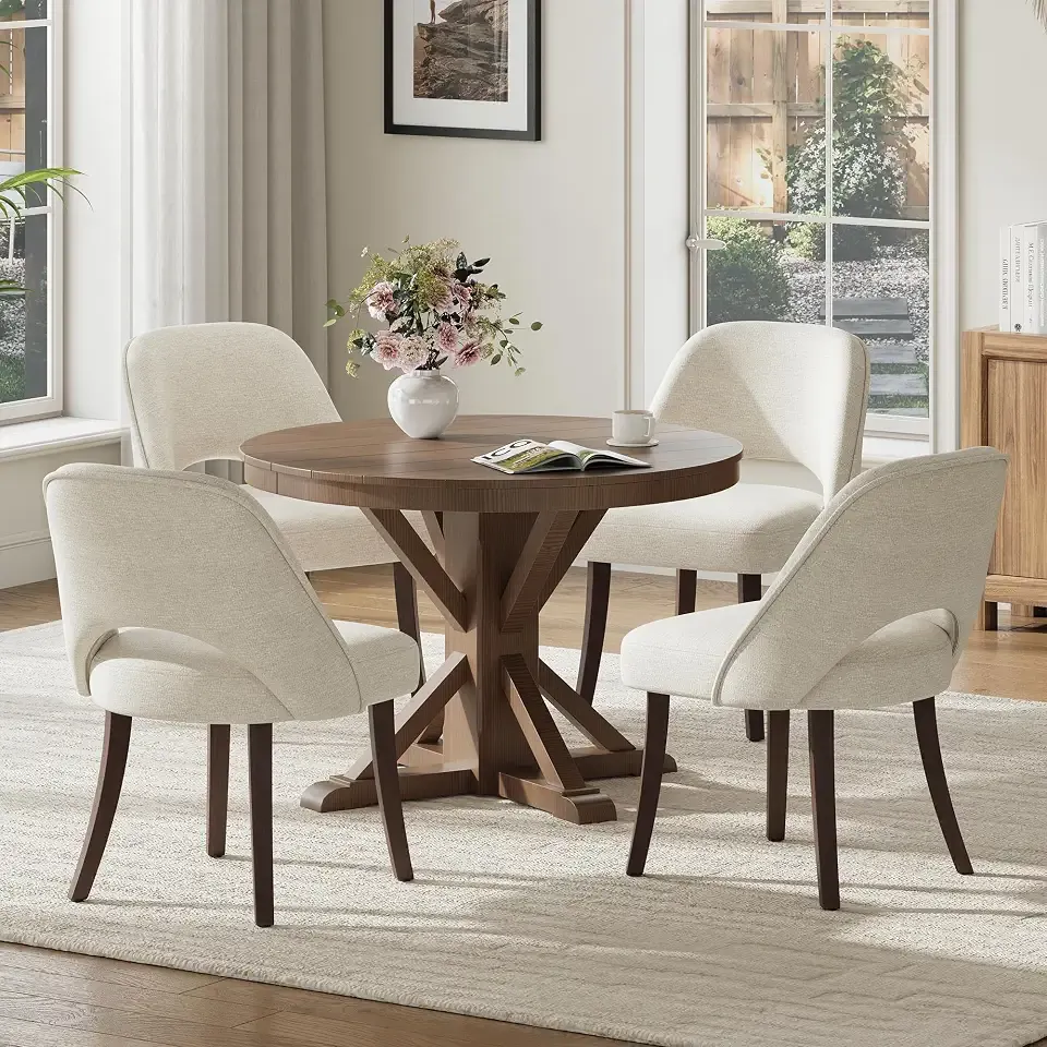 Wooden Dining Chairs Set of 4, Modern Upholstered Kitchen Chairs, Beige