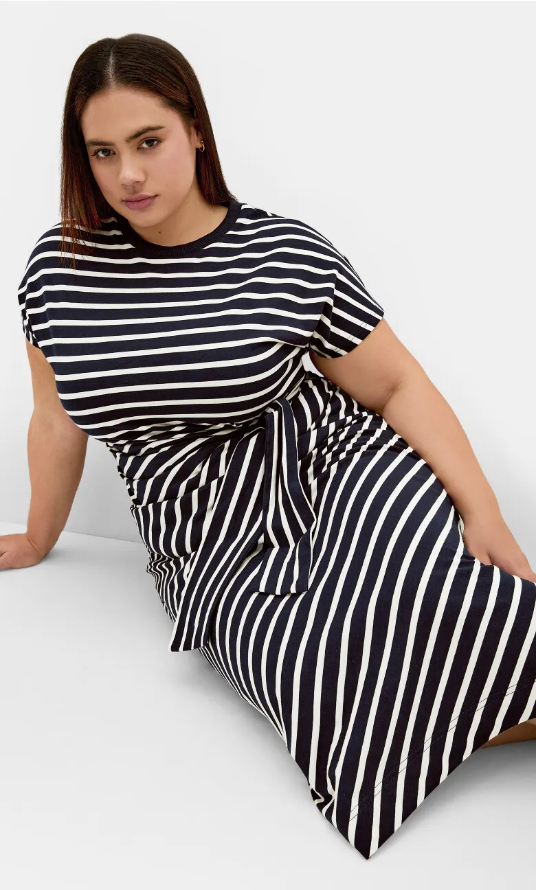 Claire Stripe Side Tie Midi Dress - navy