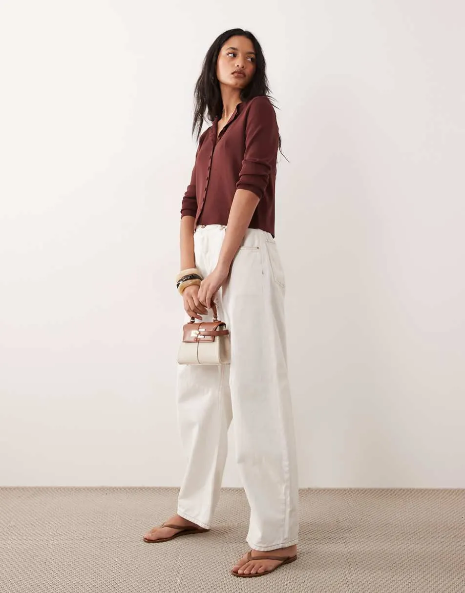 ASOS DESIGN compact crew neck cardigan with self covered buttons in chocolate