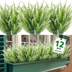 12 flores artificiales de lavanda con protección UV - Ramo de plástico que simula flores de lavanda para decoración de interiores.