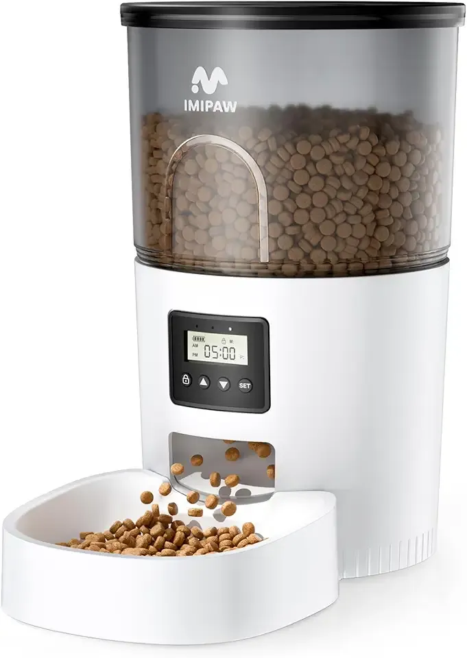 IMIPAW Automatic Cat Feeders, Timed Cat Dry Food Dispenser with Desiccant Bag, Dual Power Supply, Programmable Portion Size, 6 Meals, 20 Portions Per Day, Auto Pet Feeder for Cats and Small Dog, White