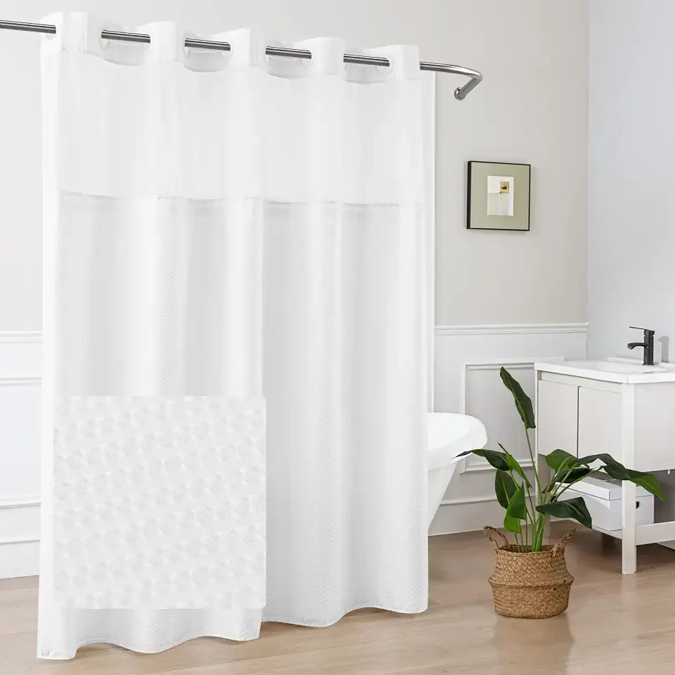 Mrs Awesome No Hook Shower Curtain with Snap-in Fabric Liner 71x74, White | Embossed Waffle-Look Textured, Sheer Window Hotel Style, Soft & Washable White Fabric Shower Curtain for Bathroom