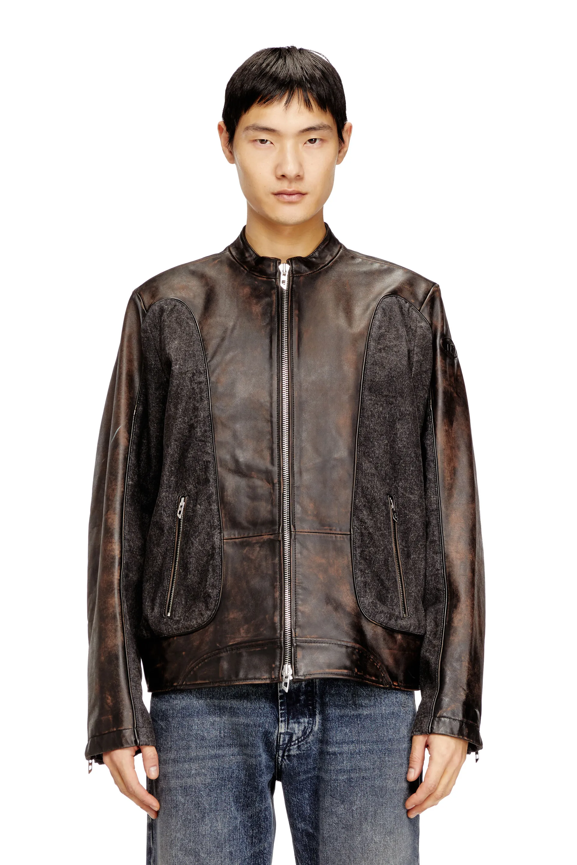 Piped biker jacket in leather and denim