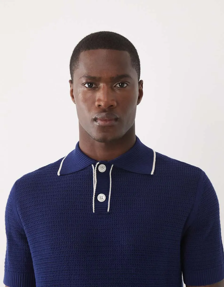 Selected knitted polo with contrast collar in dark blue