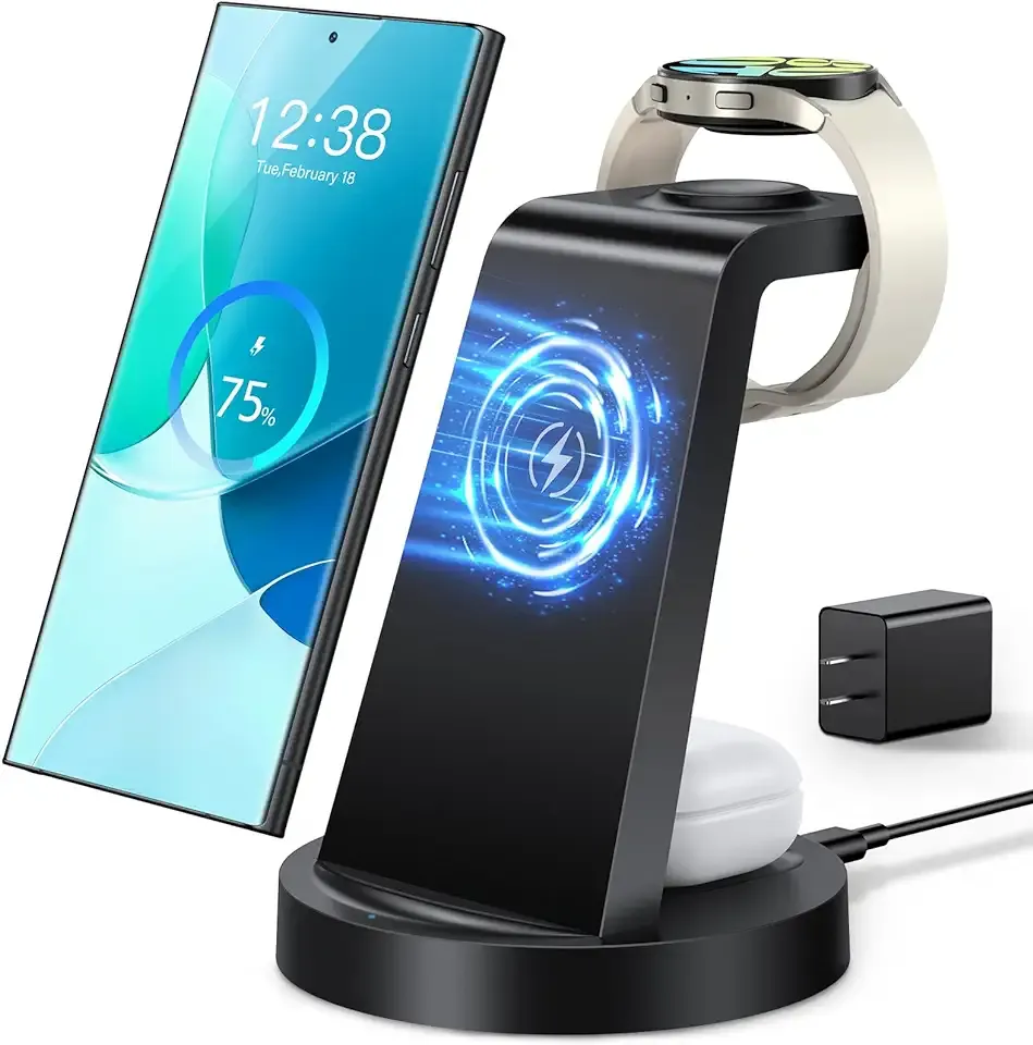 Wireless Charger for Samsung: 3 in 1 Wireless Charging Station for Samsung Galaxy Watch 8 7 6 5 4 3 Pro Classic Galaxy Buds - Charger Dock Stand for S25 S24 Ultra S23 S22 S21 Note Z Fold Android