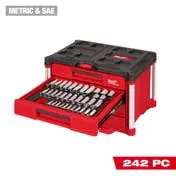 Milwaukee Tools 242pc. 1/4”, 3/8”, & 1/2” Drive Metric & SAE Ratchet & Socket Set with PACKOUT™ 4-Drawer Tool Box 48-22-9491