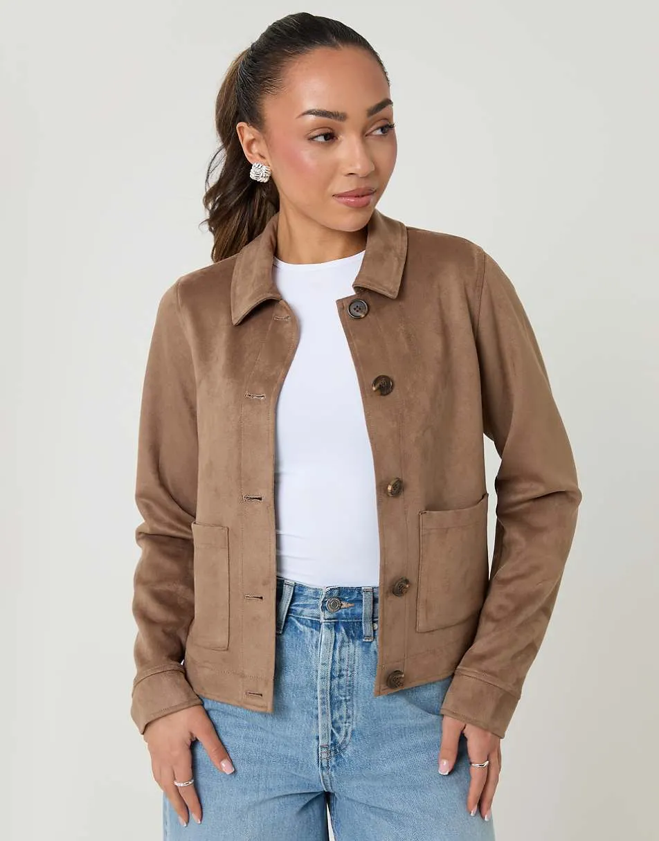 Threadbare Cropped button up suedette shacket in taupe