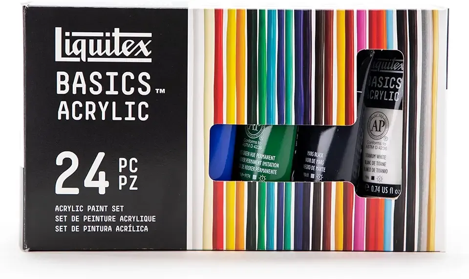 Liquitex BASICS Acrylic Paint Set, 24 x 22ml (0.74-oz) Tube Paint Set | Medium Viscosity, Satin Finish, Lightfast, Fine Art Pigments, Range of Opacities, Easy Blending