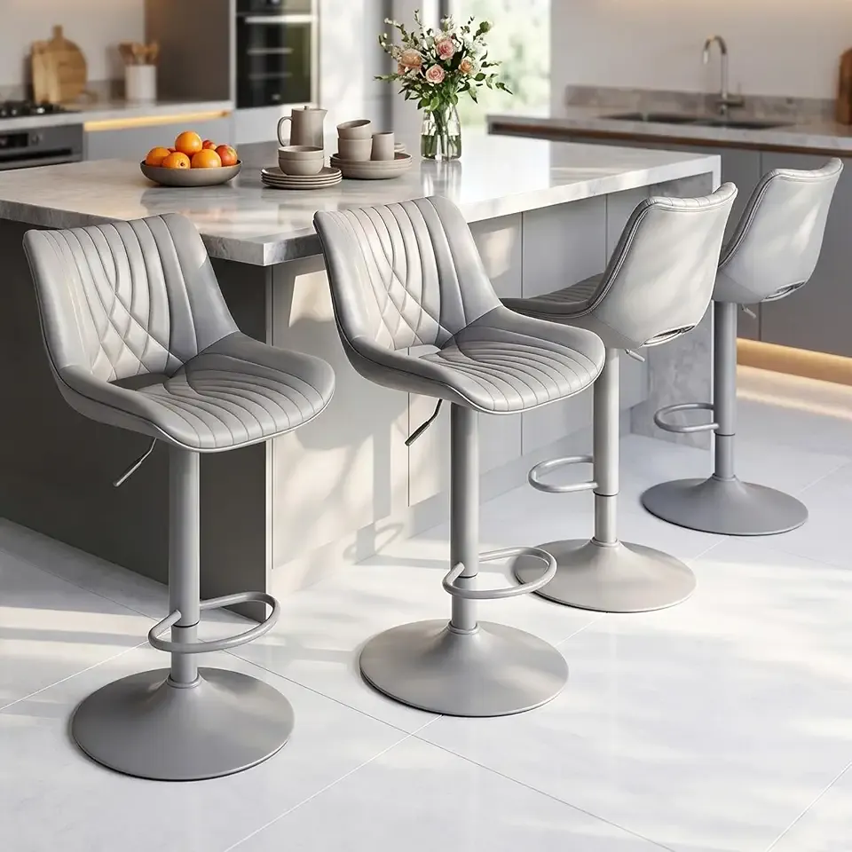Swivel Bar Stools Set of 4, Height Adjustable Counter Height Bar Stools with Open Back and Footrest, Premium Faux PU Leather, Modern Upholstered Bar Chairs for Kitchen Island/Bar/Counter, Gray